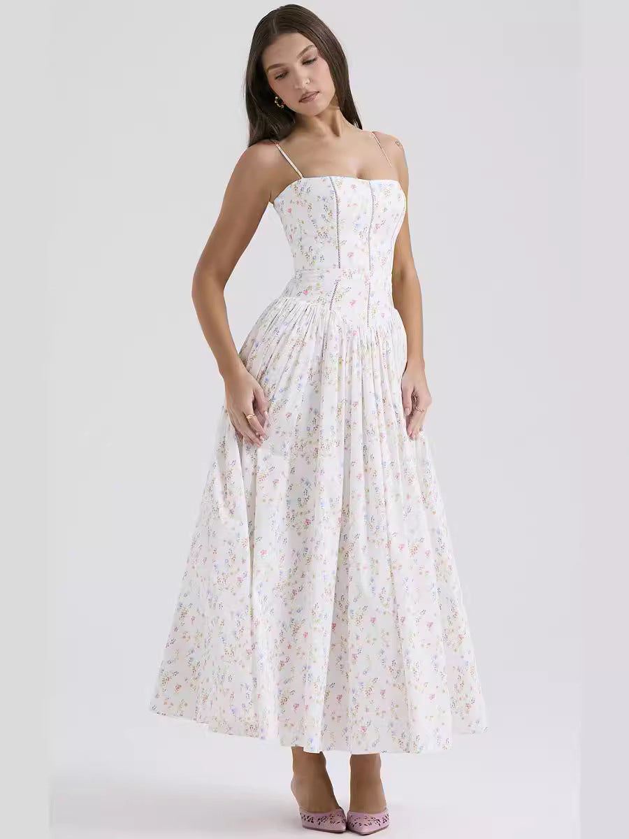 Robe Longue Fleurie À Bretelles Style Français Coupe Slim Femme – CLEVI Paris