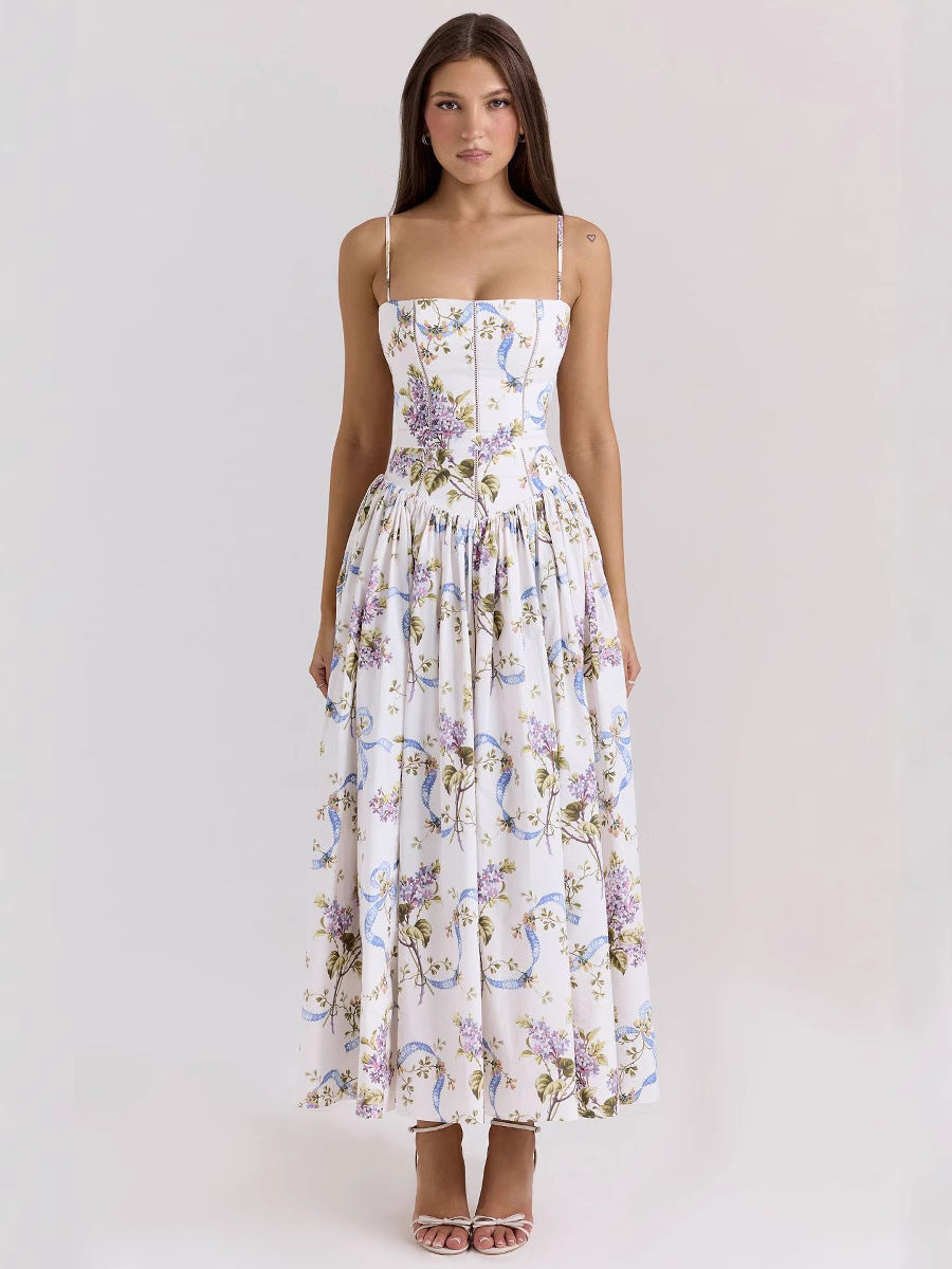 Robe Longue Fleurie À Bretelles Style Français Coupe Slim Femme – CLEVI Paris