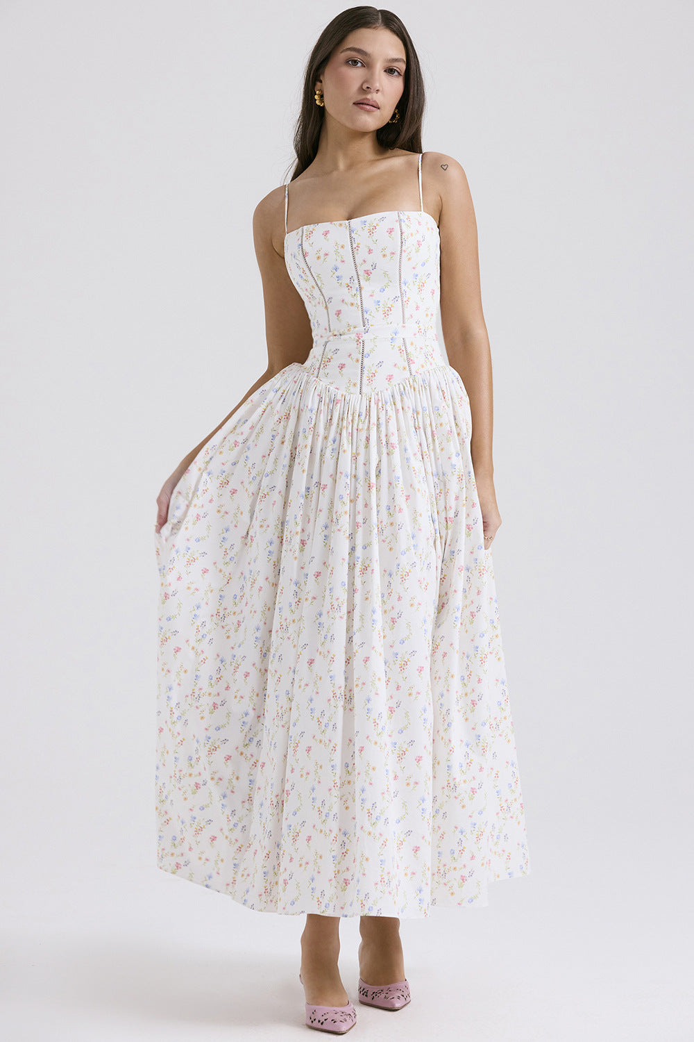 Robe Longue Fleurie À Bretelles Style Français Coupe Slim Femme – CLEVI Paris