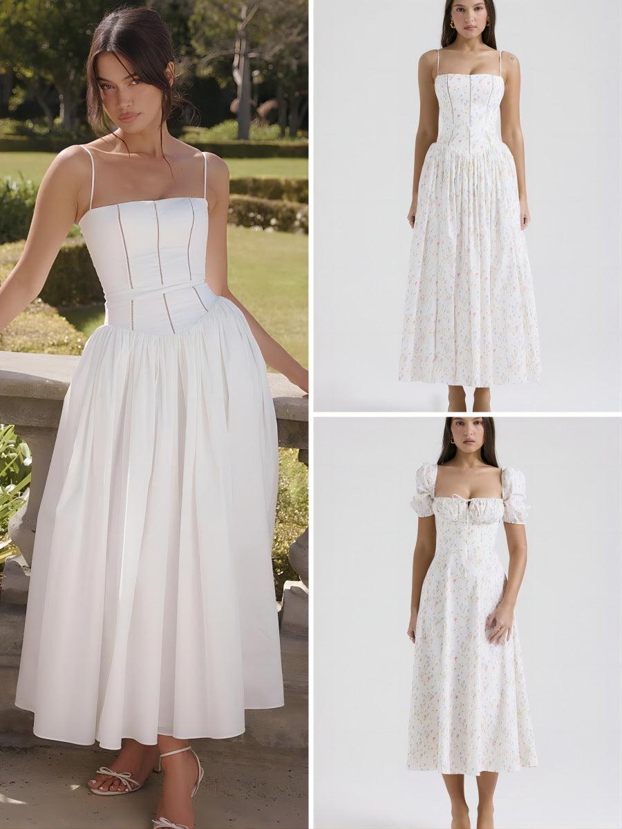 Robe Longue Fleurie À Bretelles Style Français Coupe Slim Femme – CLEVI Paris