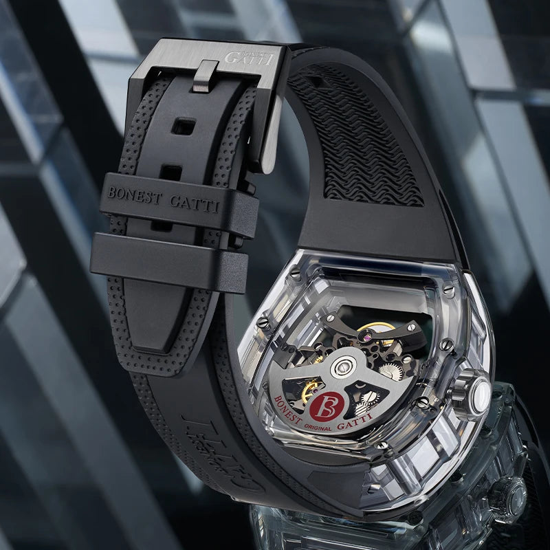 Montre Homme BONEST GATTI BG-9960 – Squelette Automatique, Verre Saphir, Bracelet Caoutchouc