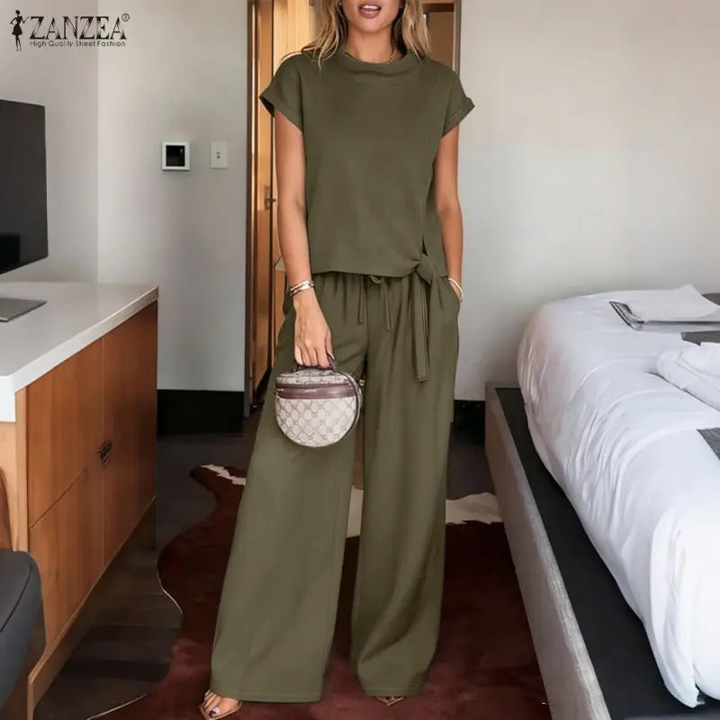 Ensemble 2 Pièces Femme Blouse Col Montant Manches Courtes Lacée + Pantalon Large Taille Mi-Haute Cordon Poches Minimaliste Casual Vert Militaire Kaki Gris Foncé – CLEVI Paris