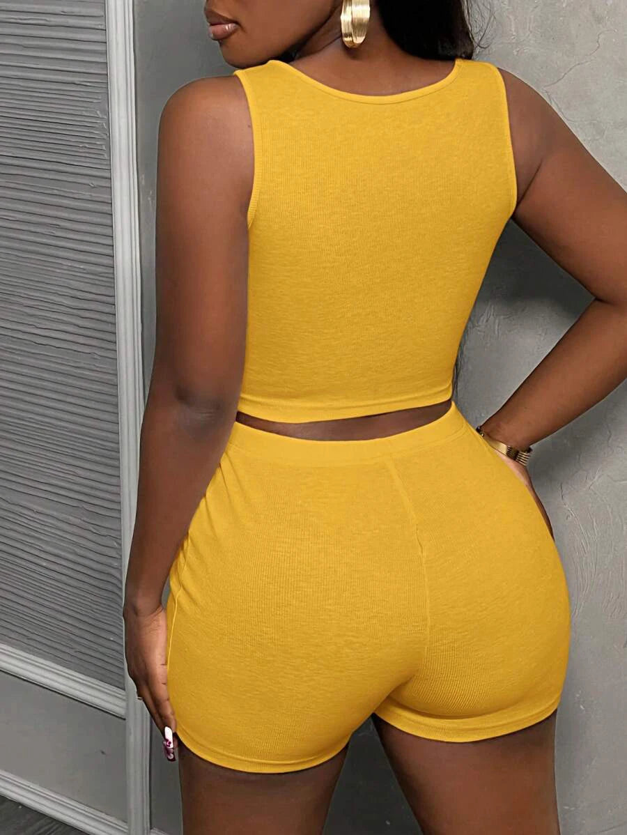 Ensemble 2 Pièces Femme Crop Top Côtelé Sans Manches Short Streetwear Casual – CLEVI Paris
