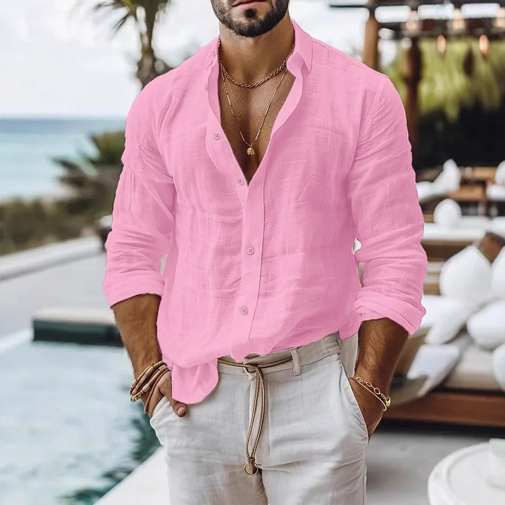 Chemise Homme Coton Lin Manches Longues Col Rabattu Style Casual Plage Respirante – CLEVI Paris