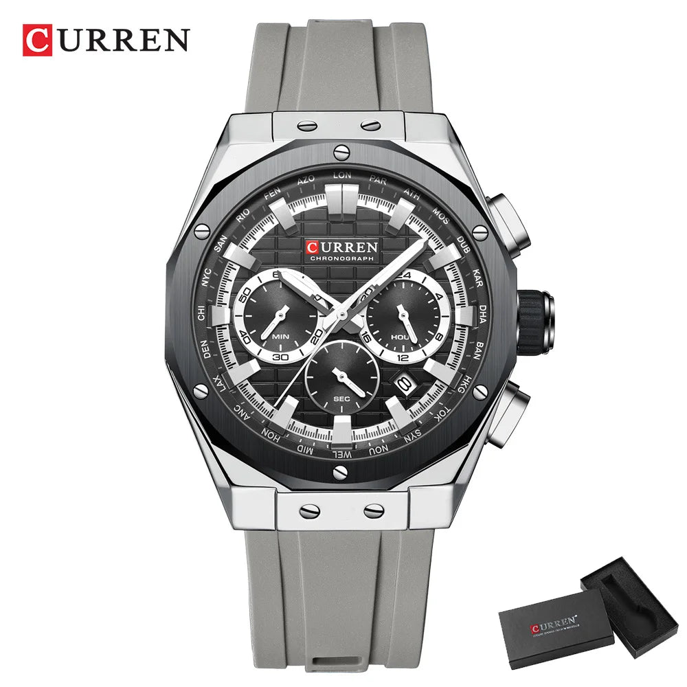 Montre Quartz Homme CURREN 8464 – Chronographe Lumineux, Silicone & Écrin | 10 Coloris