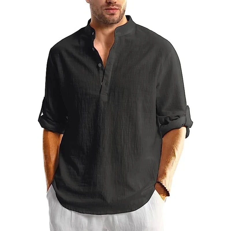 Chemise Henley Homme Manches Longues 100% Coton – Col Montant, Style Streetwear Casual, Grande Taille