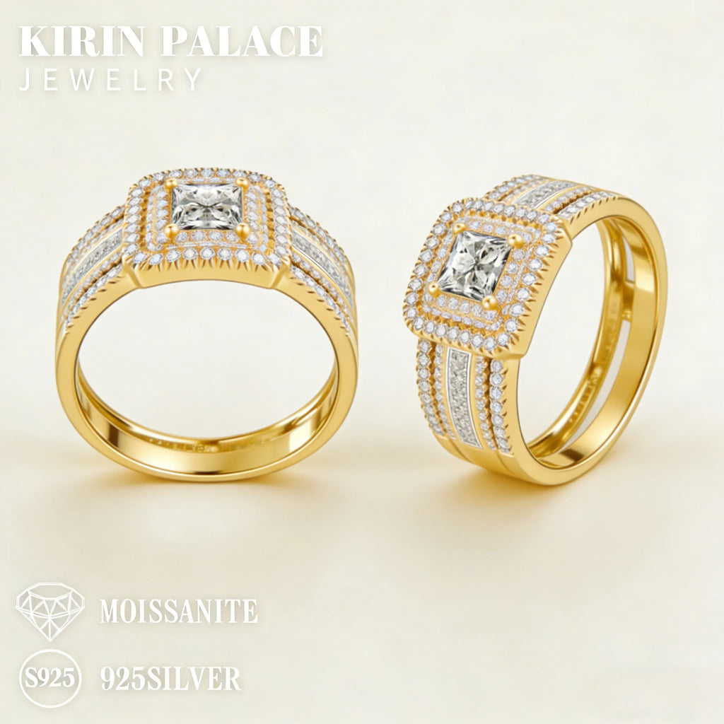 Bague Cluster Femme Moissanite Carrée 0,8ct Argent S925 Plaqué Or 18K – Fiançailles