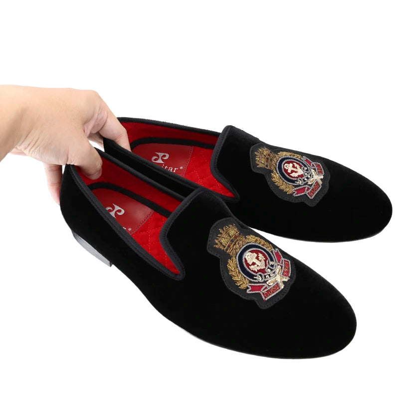 Mocassins Homme Velours Noir – Broderie Royale Faite Main, Slip-On, Soirée & Banquet | Tailles 37–50