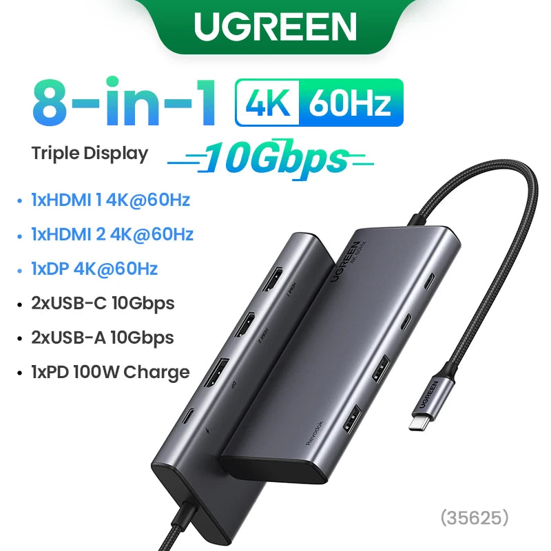 Hub USB-C UGREEN 8-en-1 Triple Écran 4K HDMI DP 10Gbps PD 100W – CLEVI Paris
