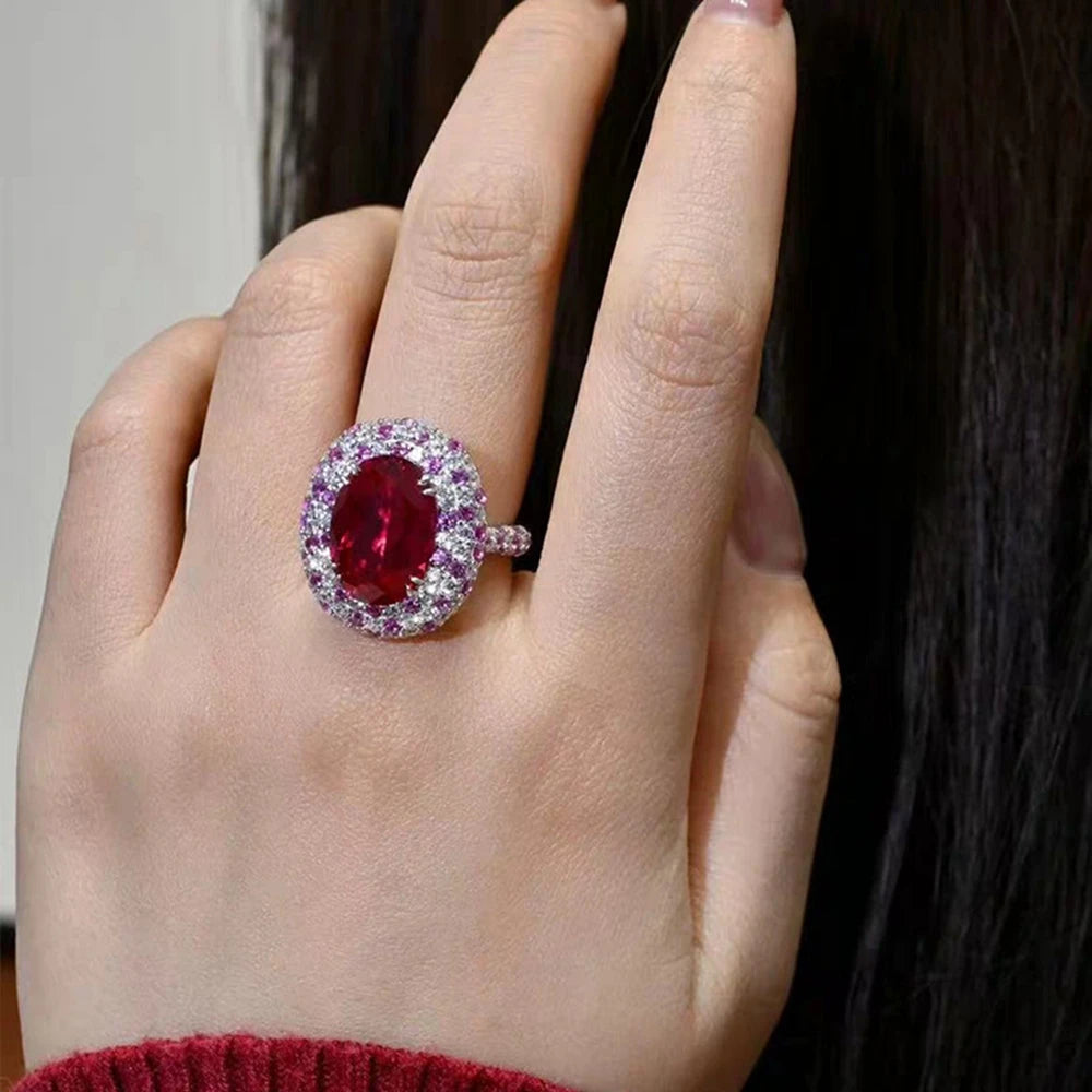 Bague Rubis Ovale 8x12mm Diamants Haute Carbone Argent 925 – CLEVI Paris