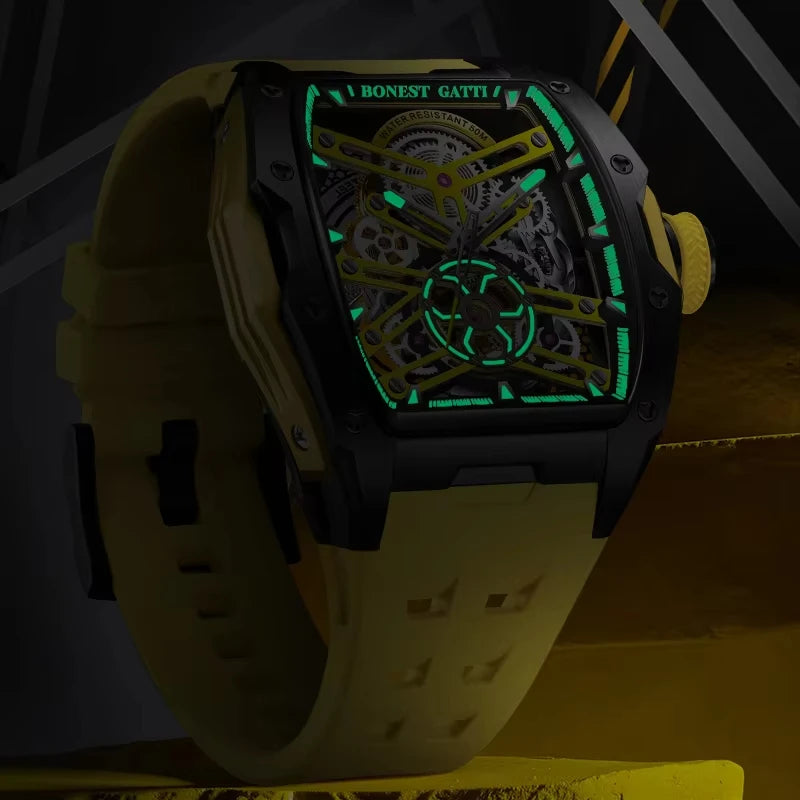 Montre BG5502 – Automatique Tonneau 46 mm, Cadran Squelette, Verre Saphir, Aiguilles Lumineuses, Étanche 50 ATM – CLEVI Paris