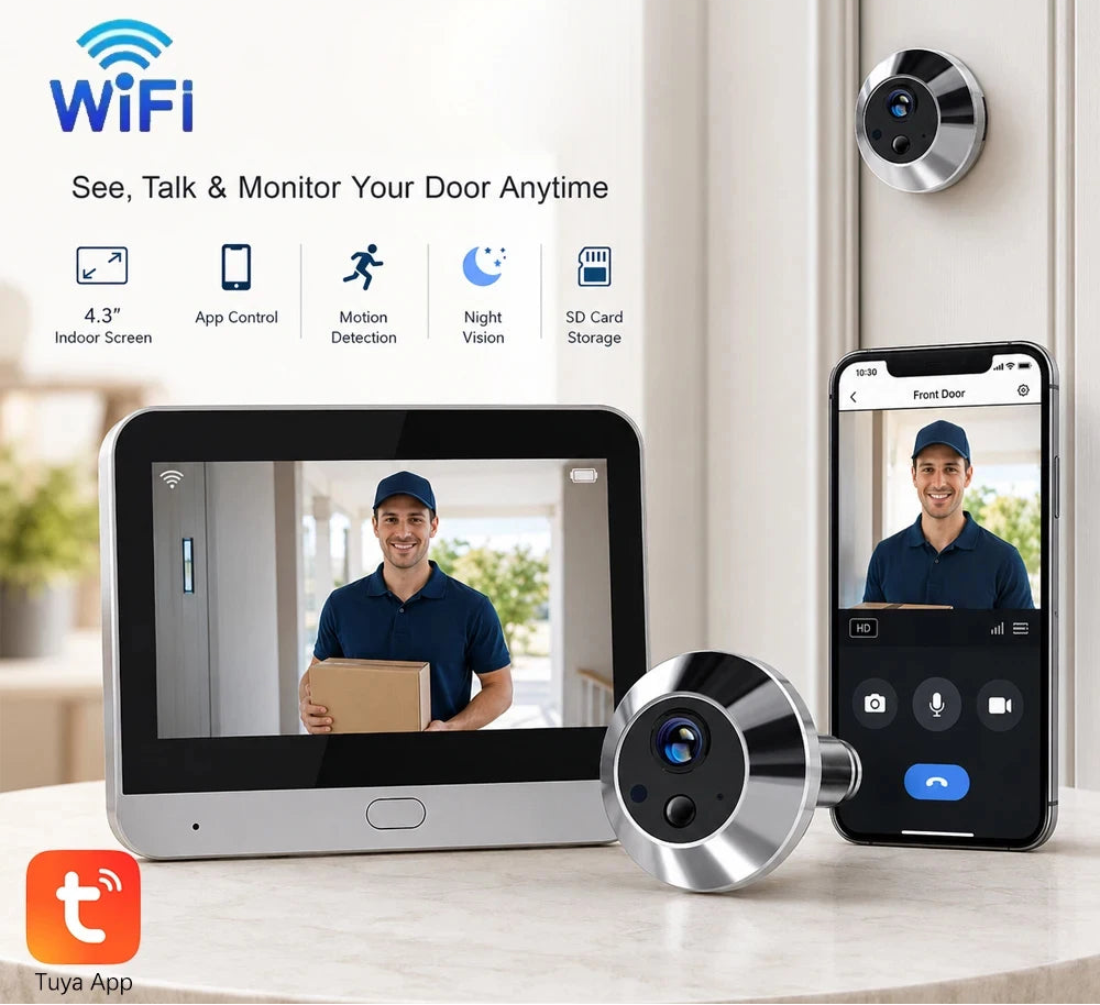 Judas Connecté 5MP avec Moniteur 4,3" – Batterie 5000mAh WiFi Tuya Détection PIR Vision Nocturne – CLEVI Paris