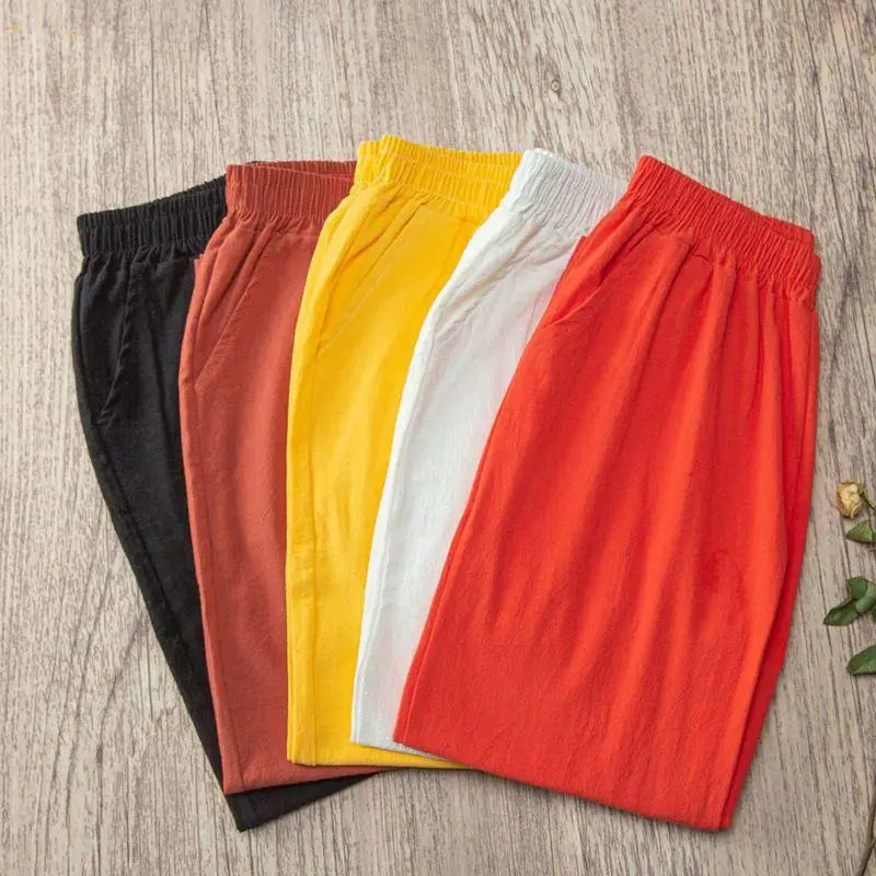 Sarouel Femme Coton Lin Casual Loose Taille Élastique Été – CLEVI Paris