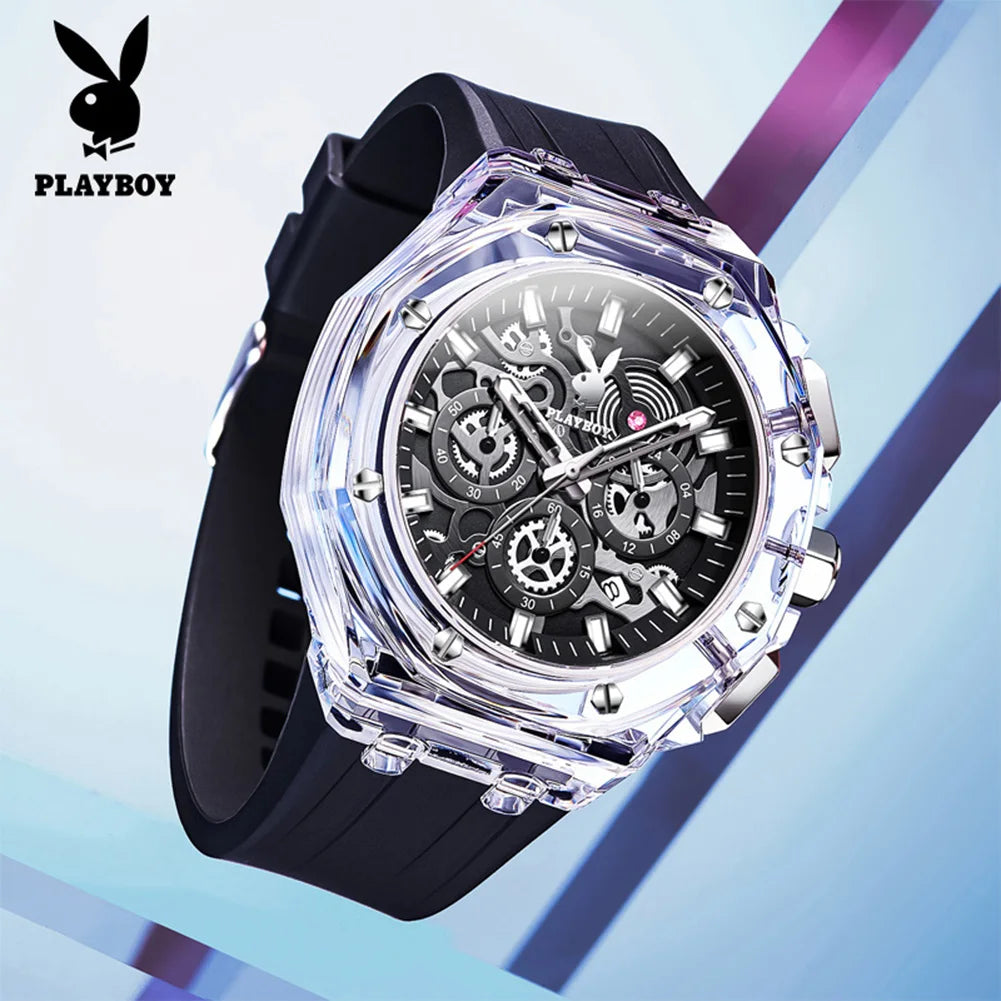 Montre Homme PLAYBOY 3082 – Squelette Quartz, Chronographe, Bracelet Silicone, Étanche 3 ATM – CLEVI Paris