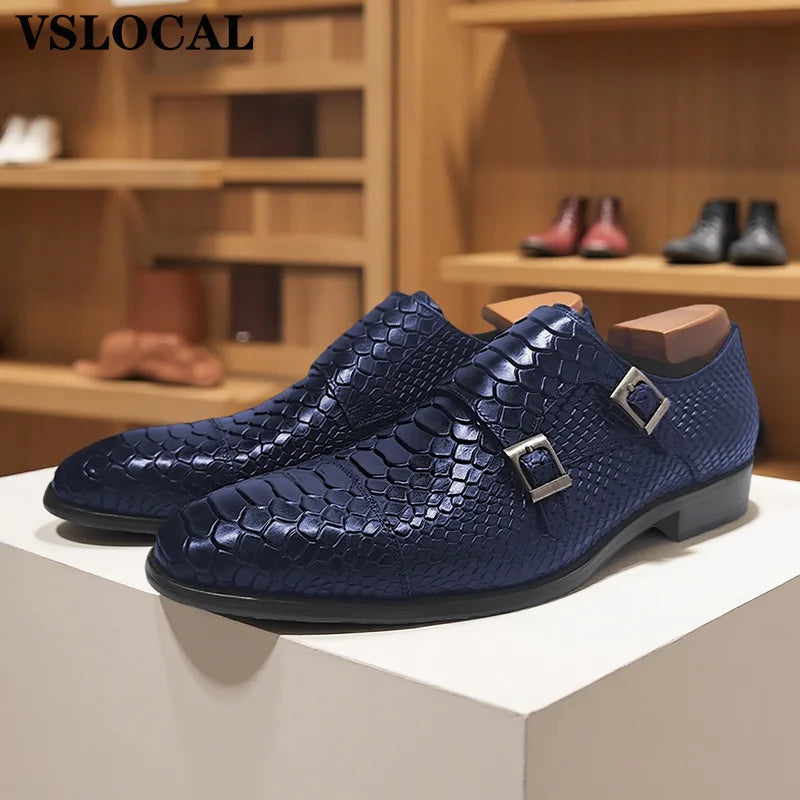 Chaussures Homme Cuir Véritable VSLOCAL – Monk Strap Double Boucle Imprimé Serpent Slip-On – CLEVI Paris