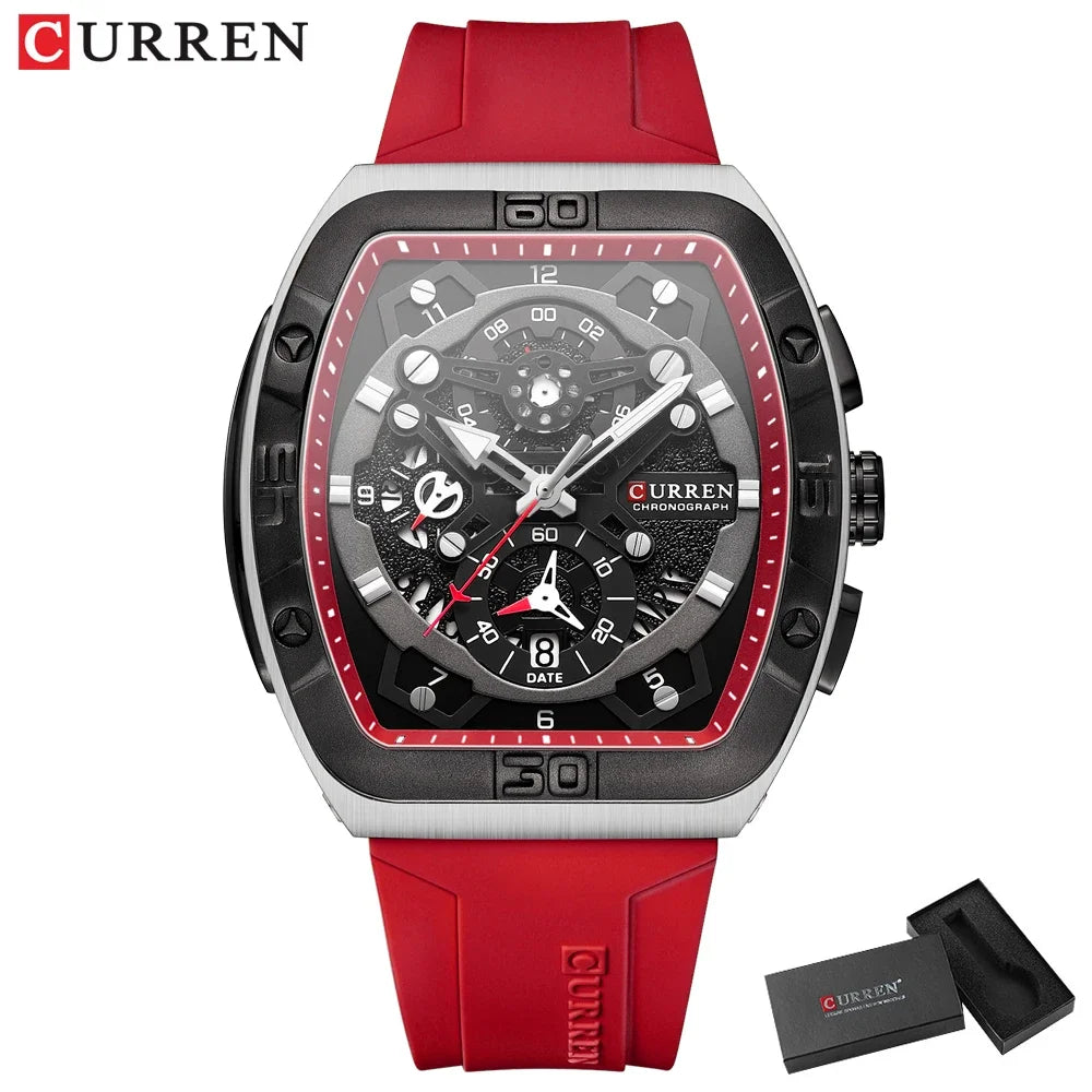 Montre Chronographe Homme CURREN – Boîtier Tonneau, Bracelet Silicone Sport
