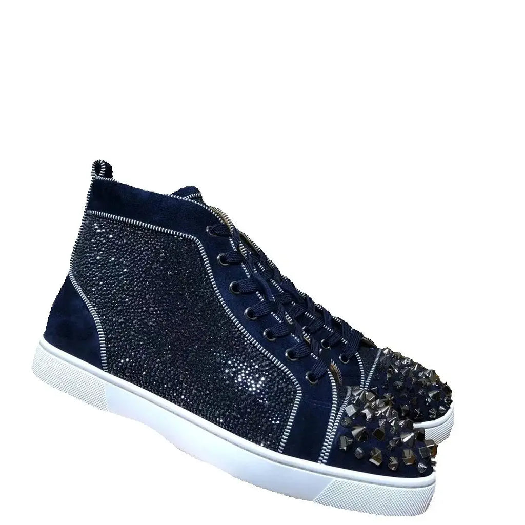 Sneakers Montantes Cuir Véritable Bleu Encre Cristaux Homme – Semelle Rouge, Lacets, Tailles 35-48 – CLEVI Paris