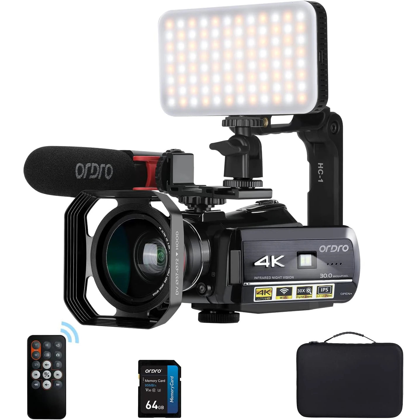 Kit Caméscope Ordro AC3 4K – Vision Nocturne IR, Zoom 30x, Fill-in, Micro, Objectif Grand Angle, Stabilisateur, SD 64 Go – CLEVI Paris