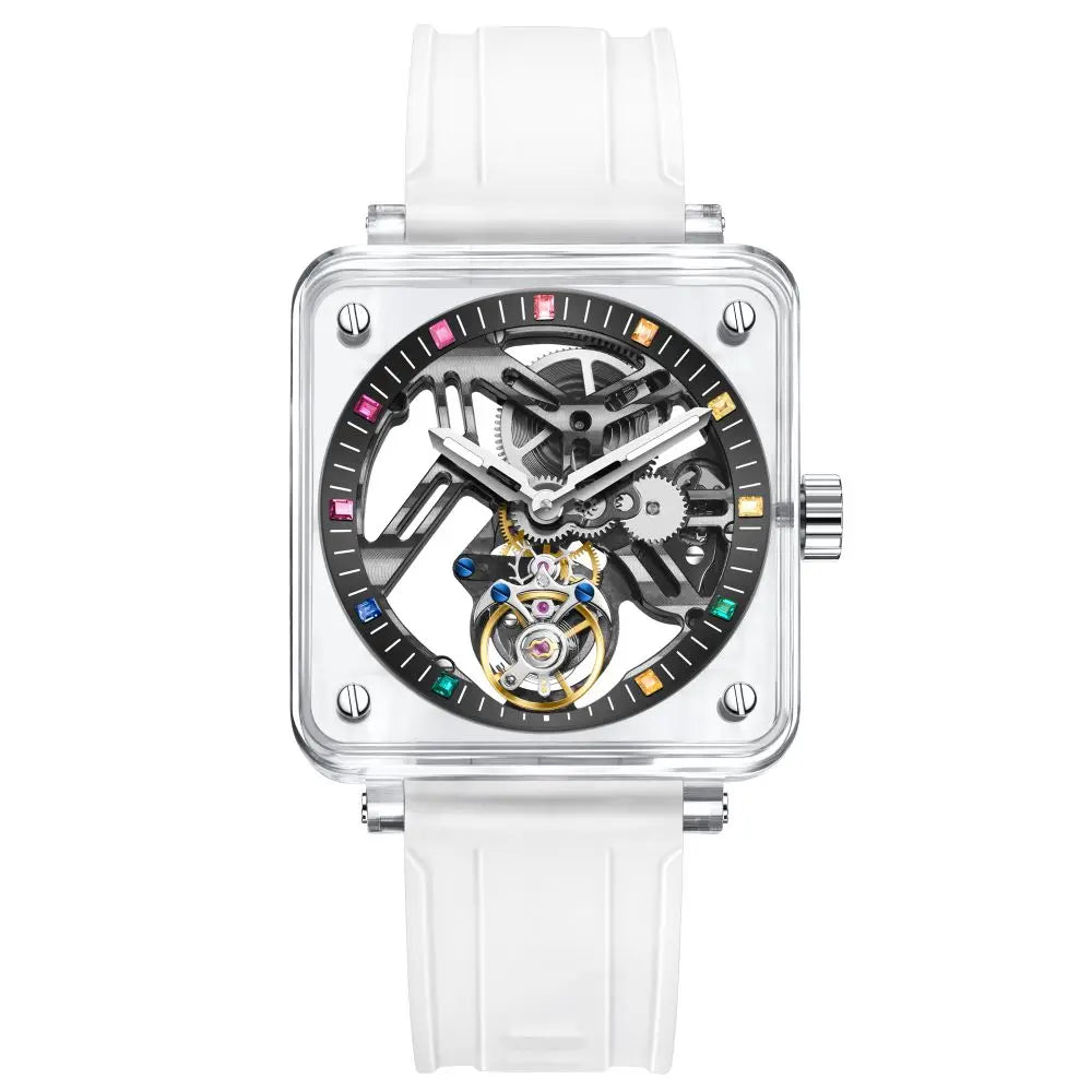 Montre Homme Tourbillon Transparent AESOP 7058G – Squelette Intégral Verre Saphir Étanche Bracelet Caoutchouc – CLEVI Paris