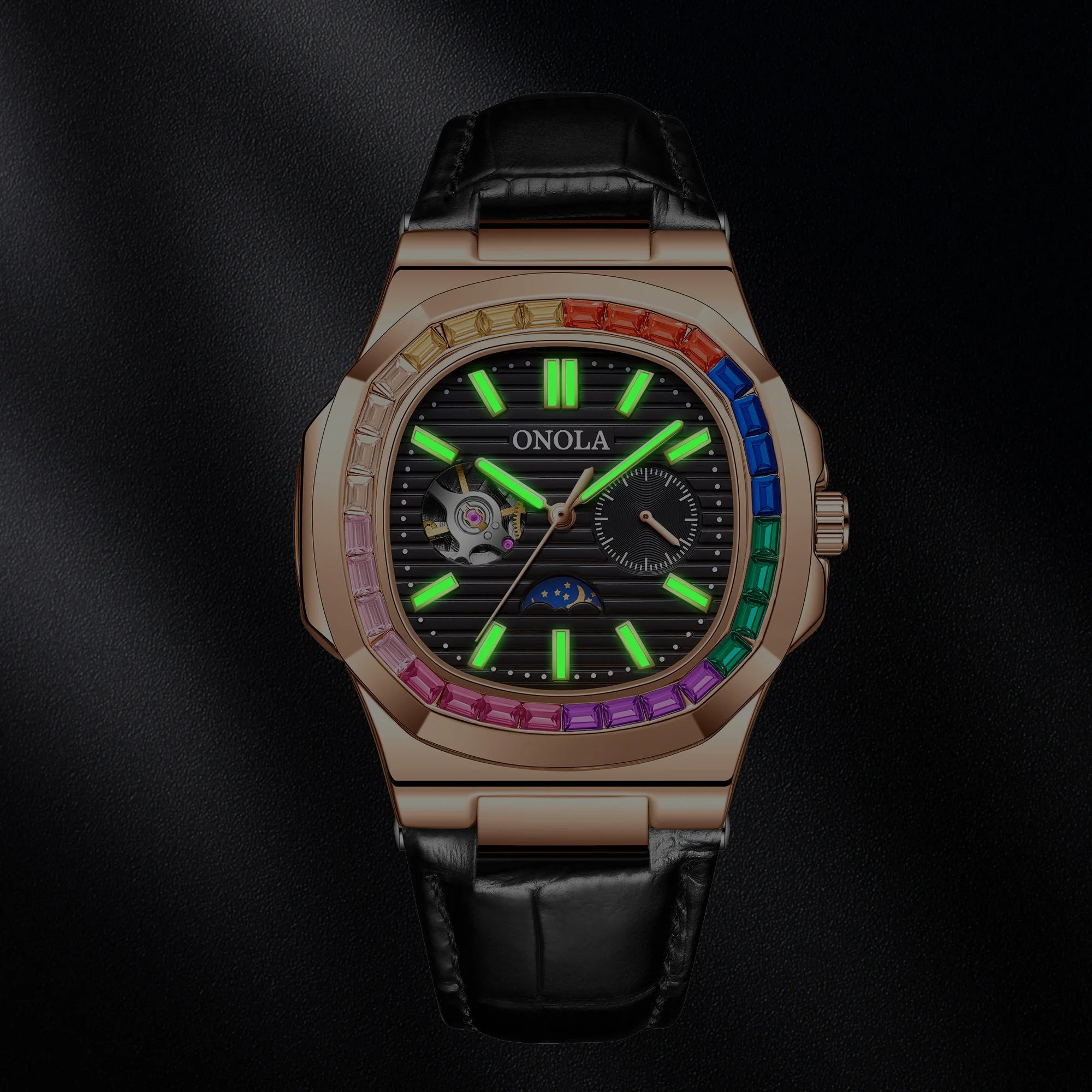 Montre ONOLA ON3855CH – Mécanique Automatique Squelette, Diamants, Bracelet Cuir, Étanche 3 ATM – CLEVI Paris