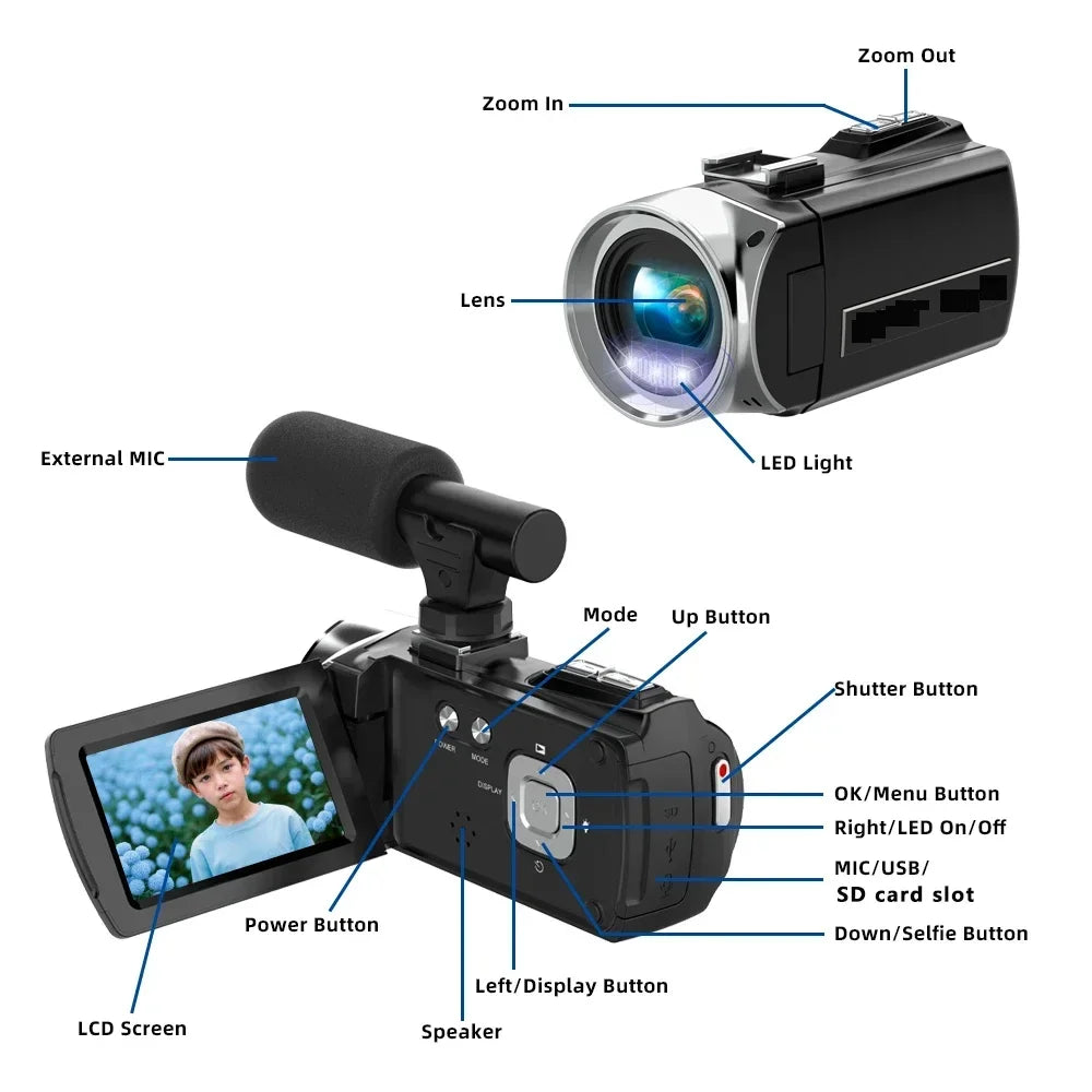 Caméscope AEVYVKV 4K 48MP – Stabilisation EIS, Zoom 18x, Micro Intégré, Portable, Idéal Débutants & Étudiants – CLEVI Paris