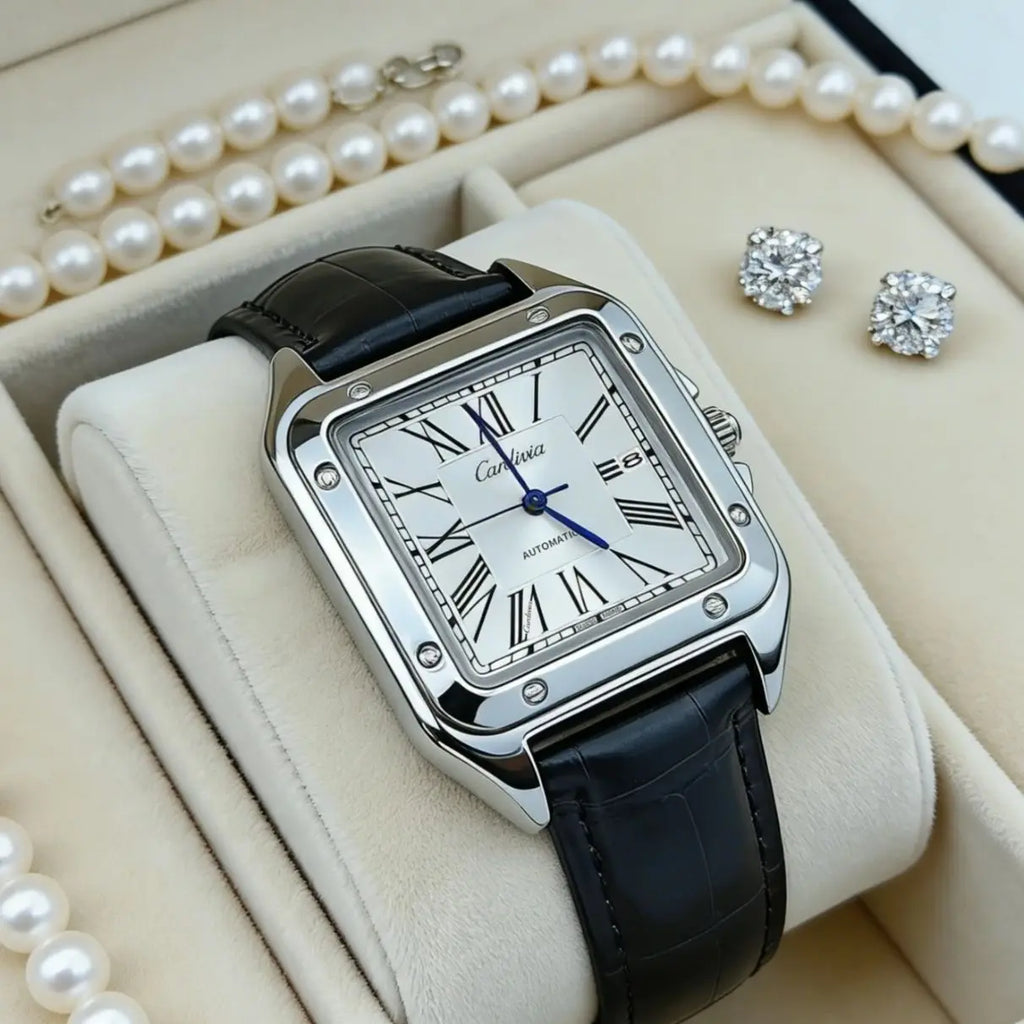 Montre Quartz Homme BLUO – Carrée Chiffres Romains Bracelet Cuir Affichage Date – CLEVI Paris