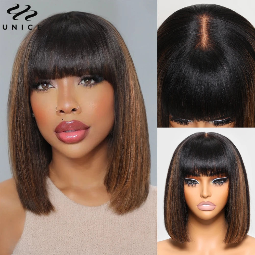 Perruque BOB Yaki Straight Balayage Highlights Frange 4x2 Lace Glueless 100% Cheveux Humains 10-14 Pouces – CLEVI Paris