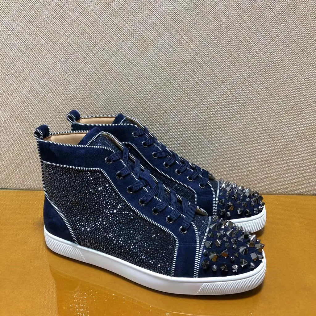 Sneakers Montantes Cuir Véritable Bleu Encre Cristaux Homme – Semelle Rouge, Lacets, Tailles 35-48 – CLEVI Paris