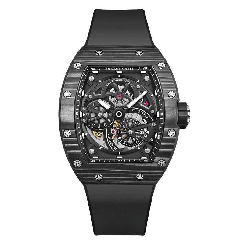 Montre Homme Automatique Squelette Tonneau Fibre de Carbone Lumineux Bonest Gatti BG9004 – CLEVI Paris