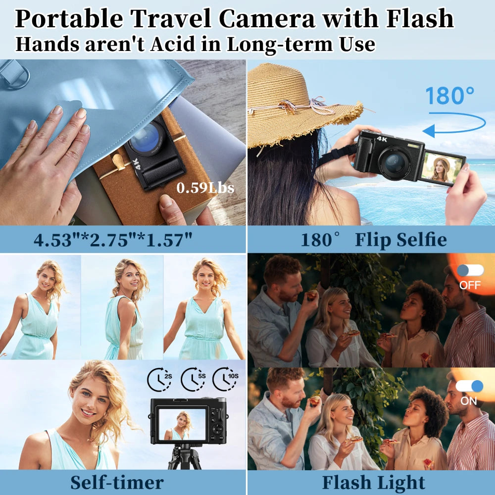 Appareil Photo Compact 4K 48MP MELCAM – Écran 3" Rabattable 180°, Autofocus, Anti-Flou, Flash