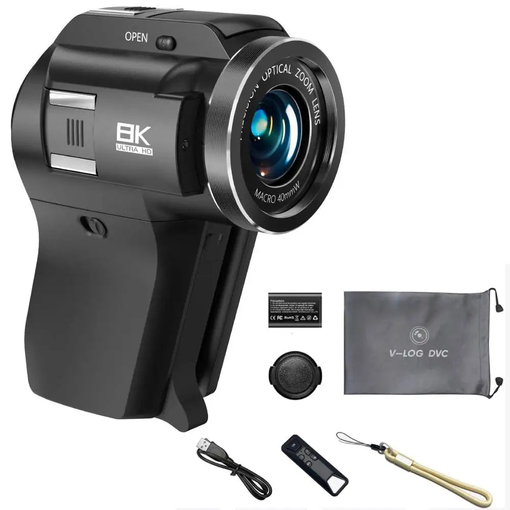 Caméscope AMORUS CD-V02 8K 75MP – Zoom Optique 8x, Écran 270°, Image dans l’Image, 13 Filtres, WiFi, Vision Nocturne IR – CLEVI Paris