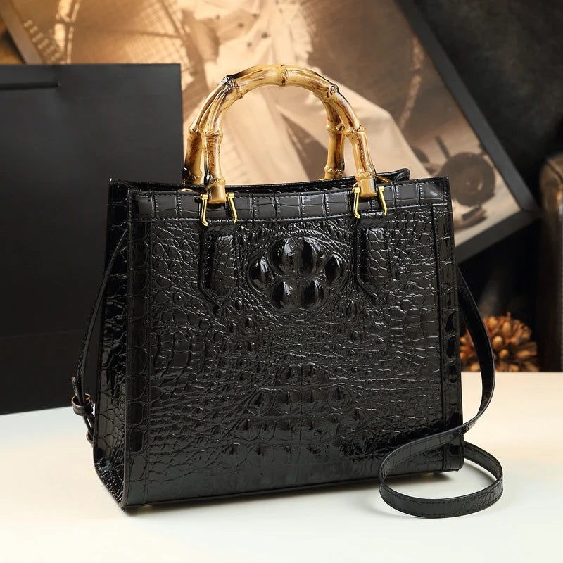 Sac à Main Femme Cuir Véritable Motif Crocodile Anse Bambou Business 4 Coloris – CLEVI Paris