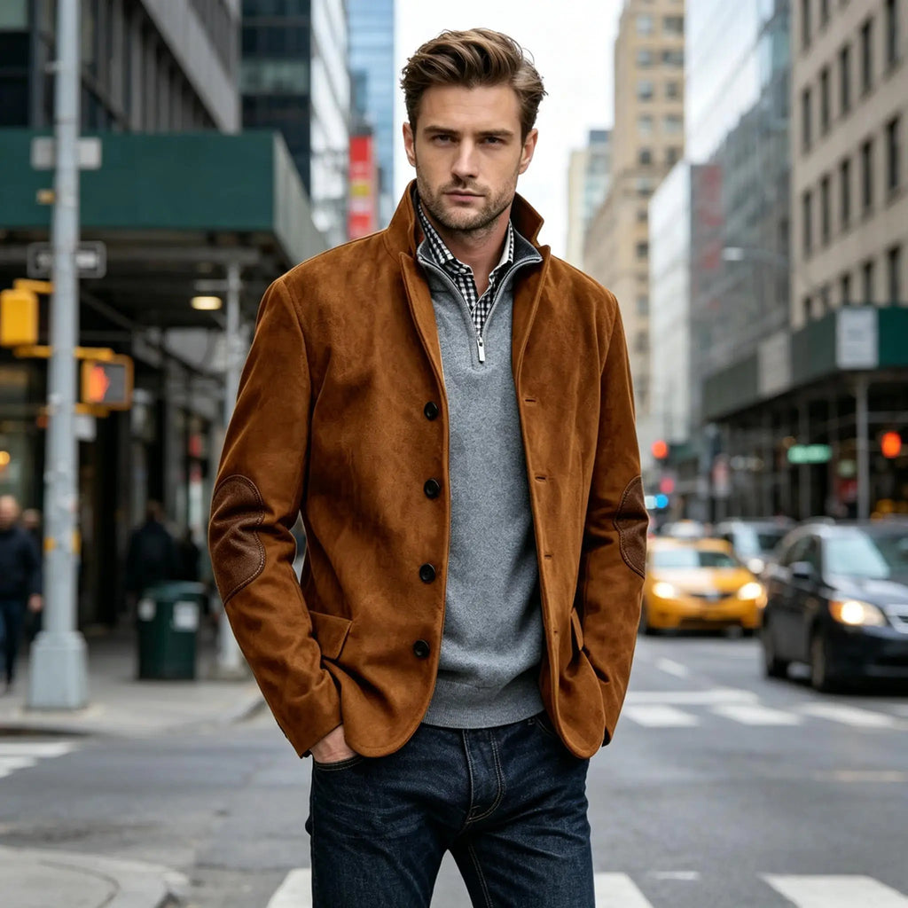 Blazer homme col montant, patchs aux coudes – CLEVI Paris