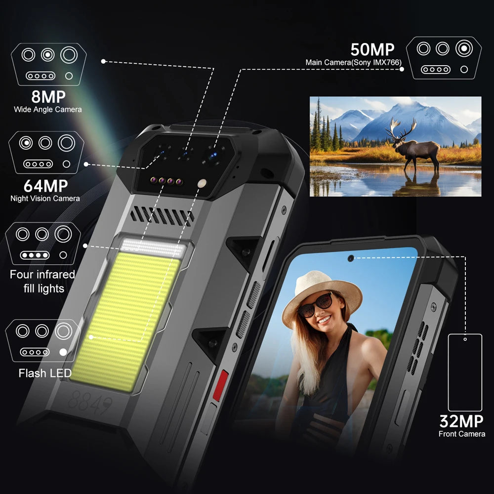 8849 Hike Smartphone Rugged Helio G200 23800mAh 1200lm Sony IMX766 50MP Android 14 IP68 – CLEVI Paris