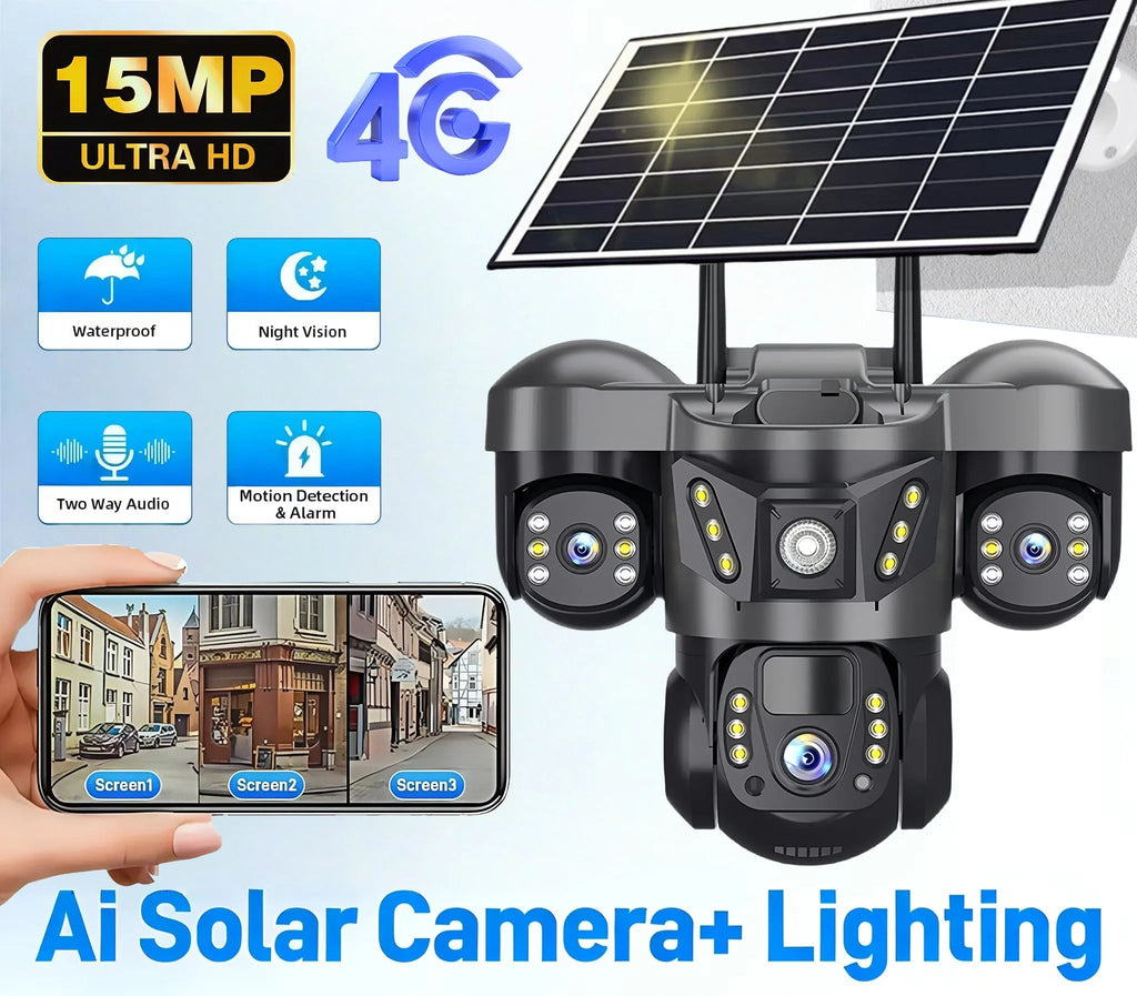 Caméra Solaire 4G Triple Objectif 15MP – Triple Écran Batterie 8000mAh Panneau 8W IP66 – CLEVI Paris