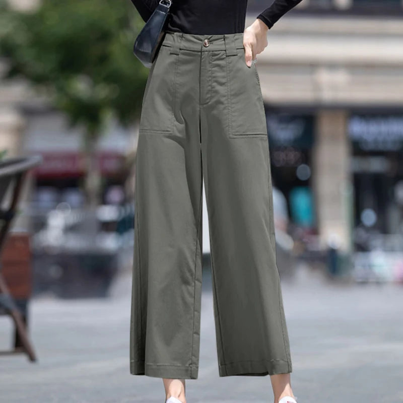 Pantalon Femme Taille Haute Jambe Large Uni Poches Style Casual Toutes Saisons – CLEVI Paris