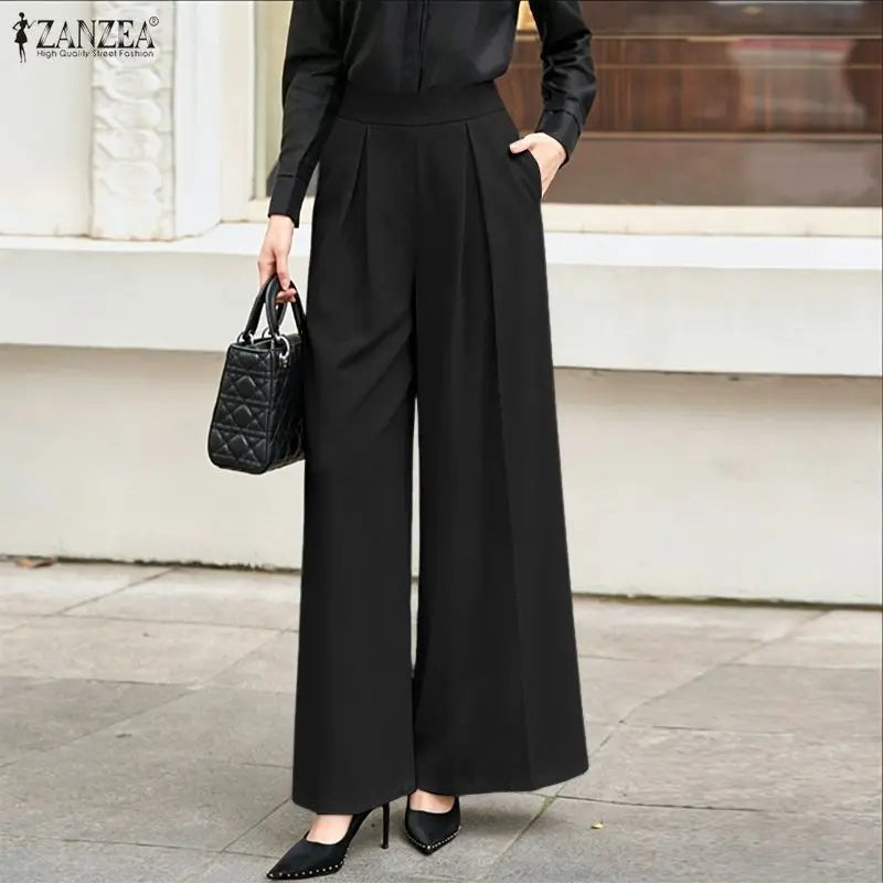 Pantalon Femme Taille Haute Élastique Plis Inversés Jambe Large Bureau Casual – CLEVI Paris