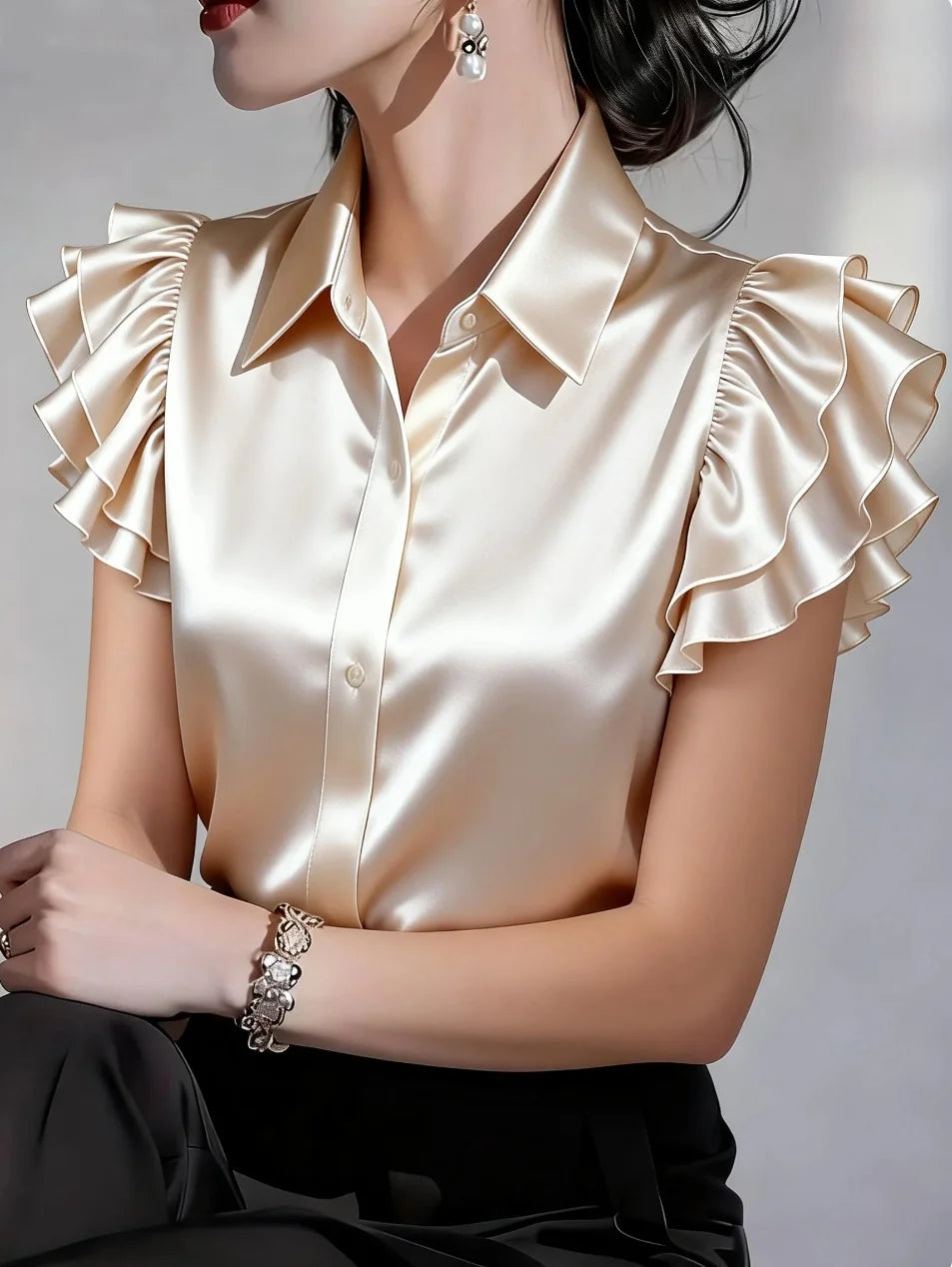 Chemise satinée à manches volantées – CLEVI Paris