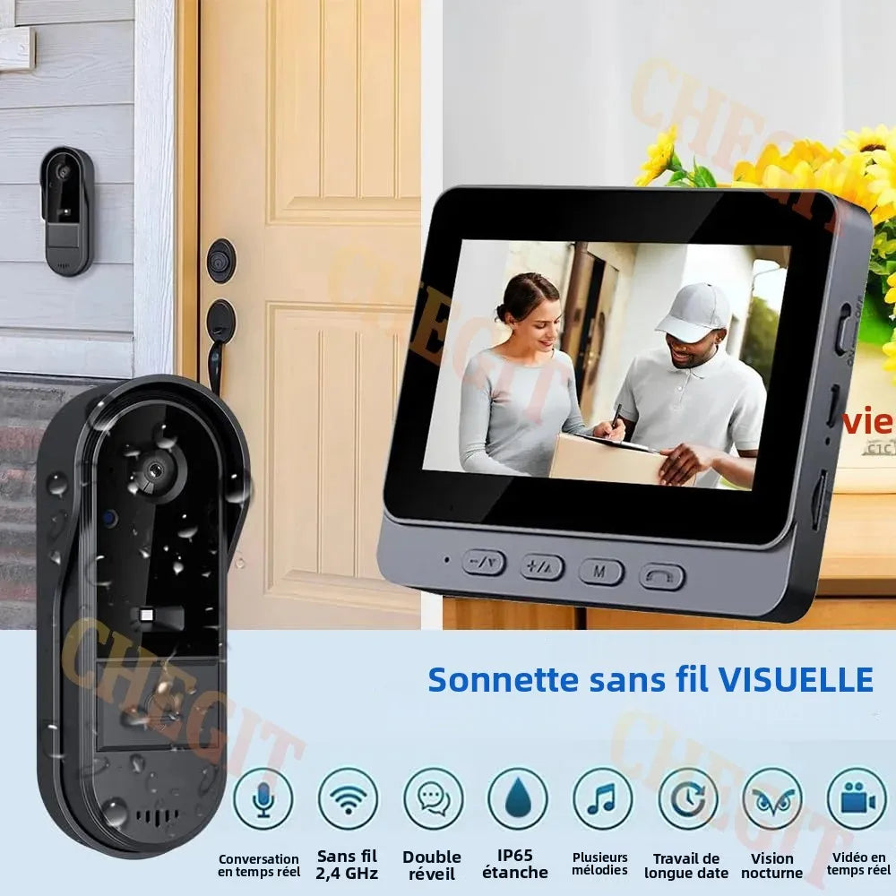 Sonnette Vidéo Sans Fil IP65 1080P – Écran 4,3" IPS Vision Nocturne IR Angle 170° Batterie 3-4 Mois – CLEVI Paris