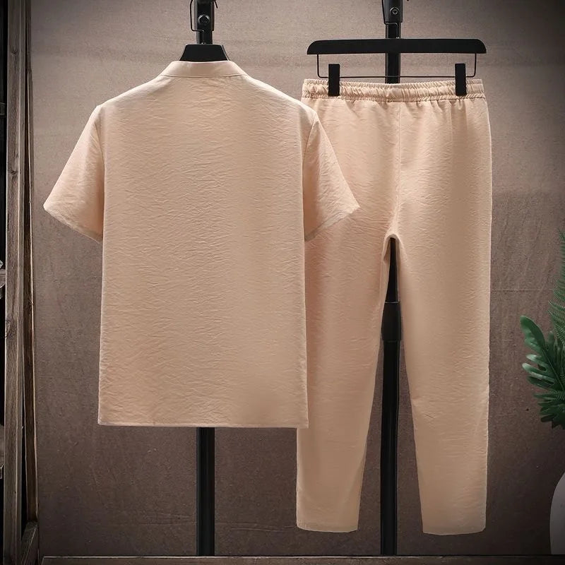 Ensemble 2 Pièces Homme T-shirt Col Rond + Pantalon Long Coton Lin Été Grande Taille KOLMAKOV – 4 Coloris, M à 4XL – CLEVI Paris