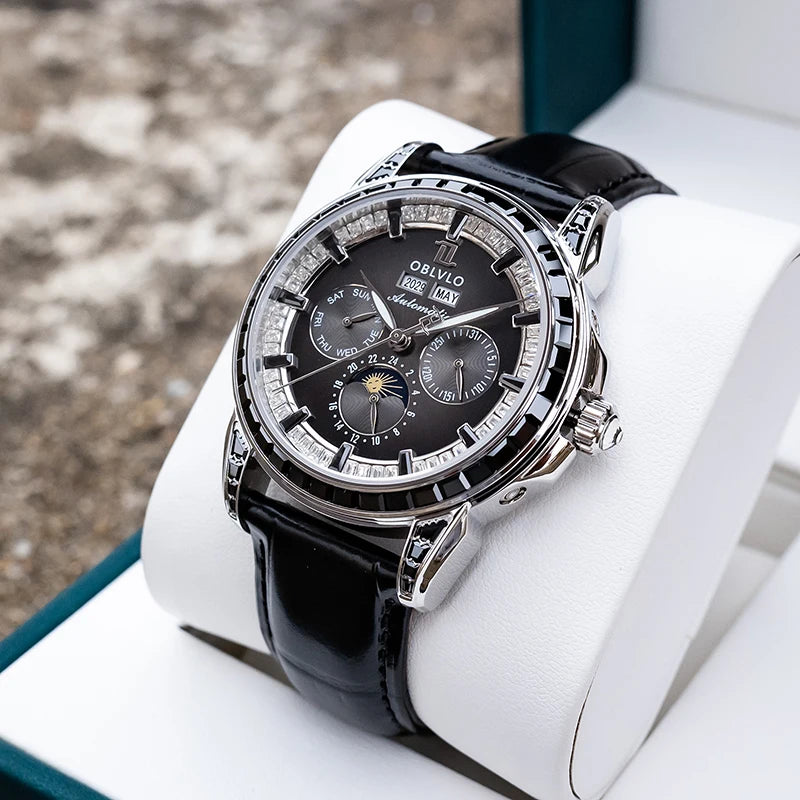OBLVLO Montre Automatique Homme Multifonction TY1655 Saphir Cuir 41mm 50m – CLEVI Paris