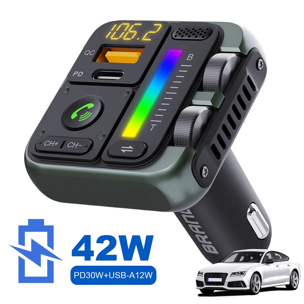 Transmetteur FM Bluetooth 5.3 Voiture Shunmaii T25 – Charge Rapide PD 42W, Double USB, Mains Libres, Lecteur MP3 Clé USB