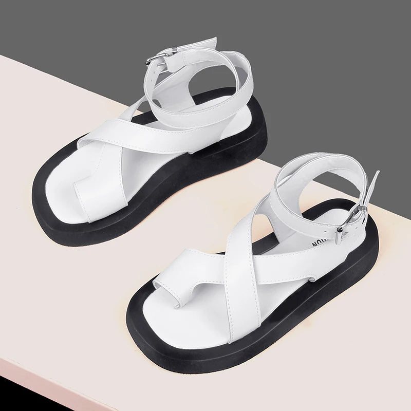 Sandales Femme Cuir Véritable Bout Clip Plateforme Boucle | Rose, Blanc, Marron, Noir – CLEVI Paris