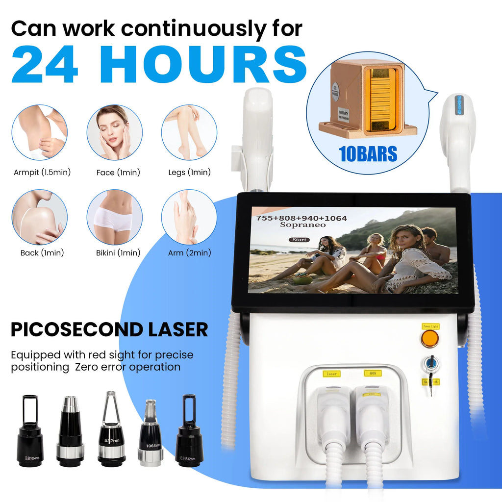 Machine Portable 2-en-1 Laser Diode FAC Picoseconde 5000W 4 Longueurs d’Onde 755/808/940/1064nm Épilation & Détatouage – CLEVI Paris