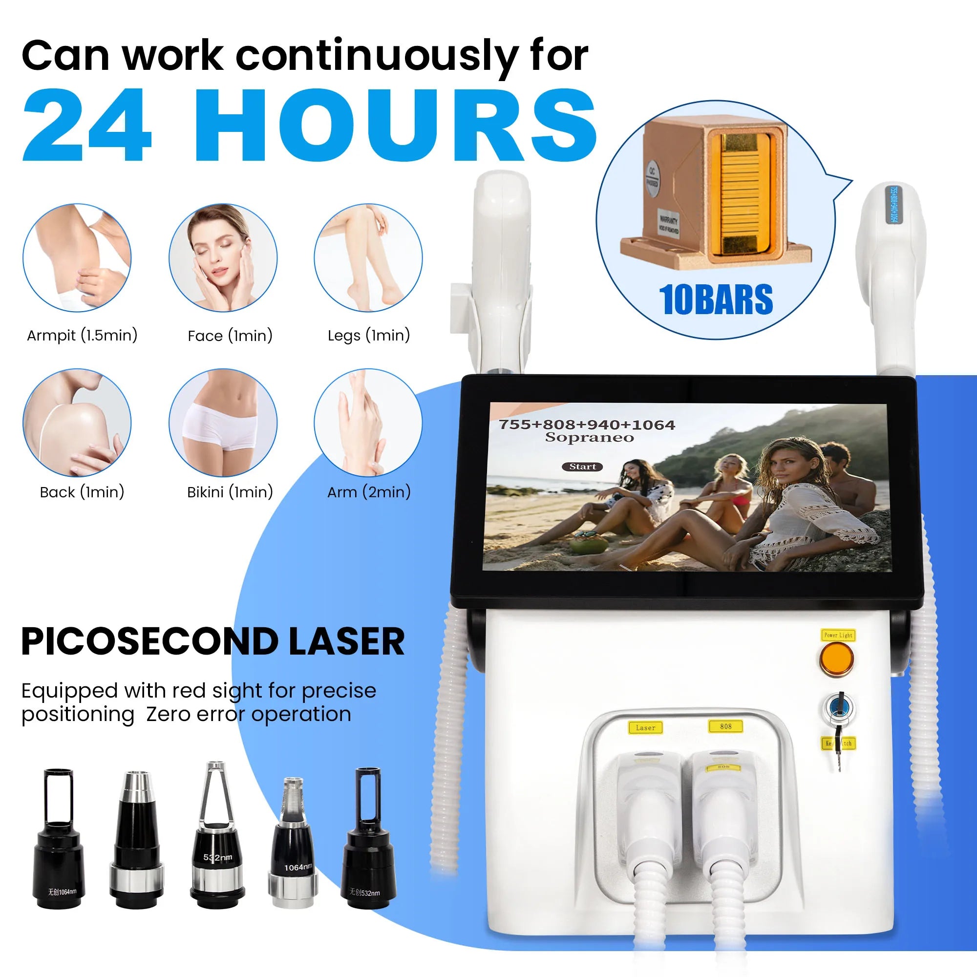 Machine Portable 2-en-1 Laser Diode FAC Picoseconde 5000W 4 Longueurs d’Onde 755/808/940/1064nm Épilation & Détatouage – CLEVI Paris