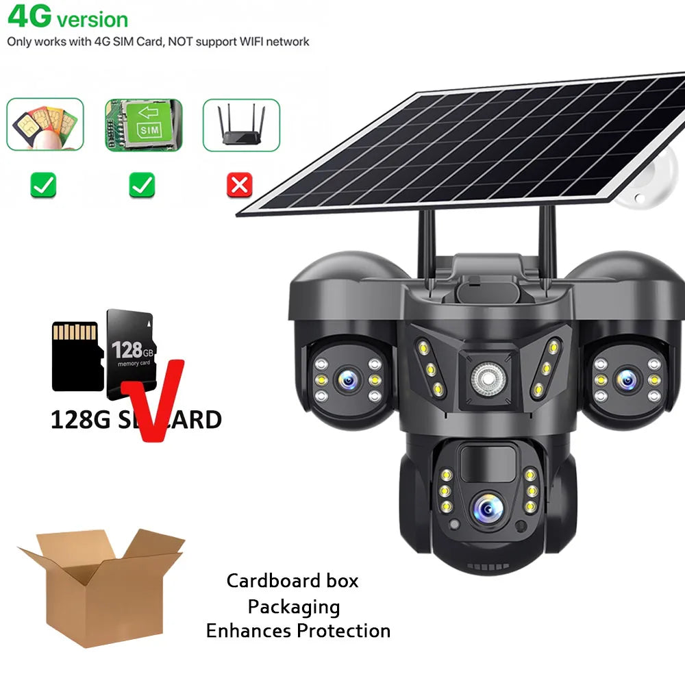 Caméra Solaire 4G Triple Objectif 15MP – Triple Écran Batterie 8000mAh Panneau 8W IP66 – CLEVI Paris