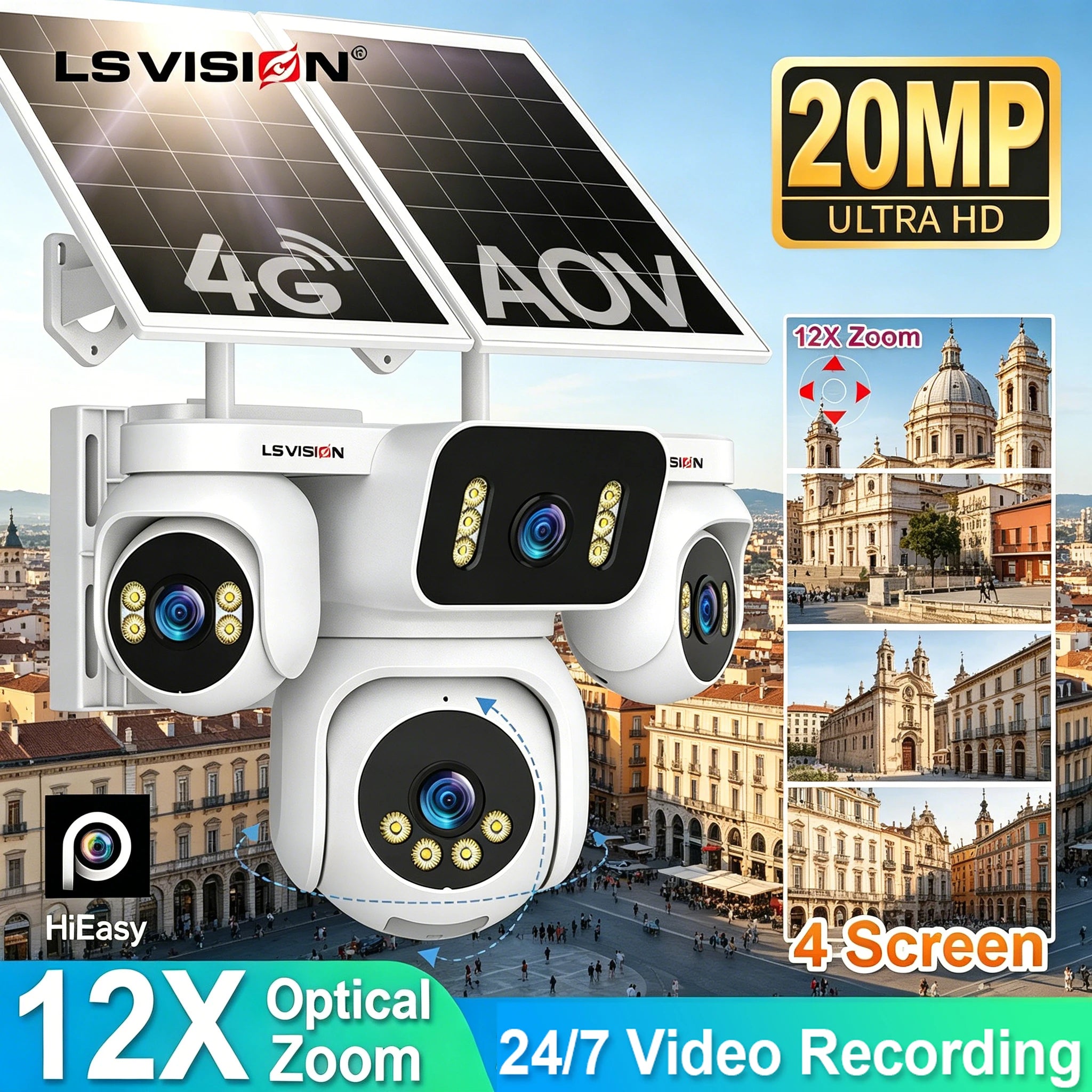 Caméra Solaire 4G PTZ 4 Objectifs 20MP – Zoom Optique 12x Batterie 16000mAh Panneau 20W Enregistrement 24/7 IP66 – CLEVI Paris