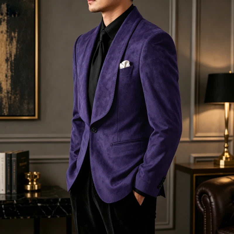 Blazer homme effet suédé 1 bouton à col châle – CLEVI Paris