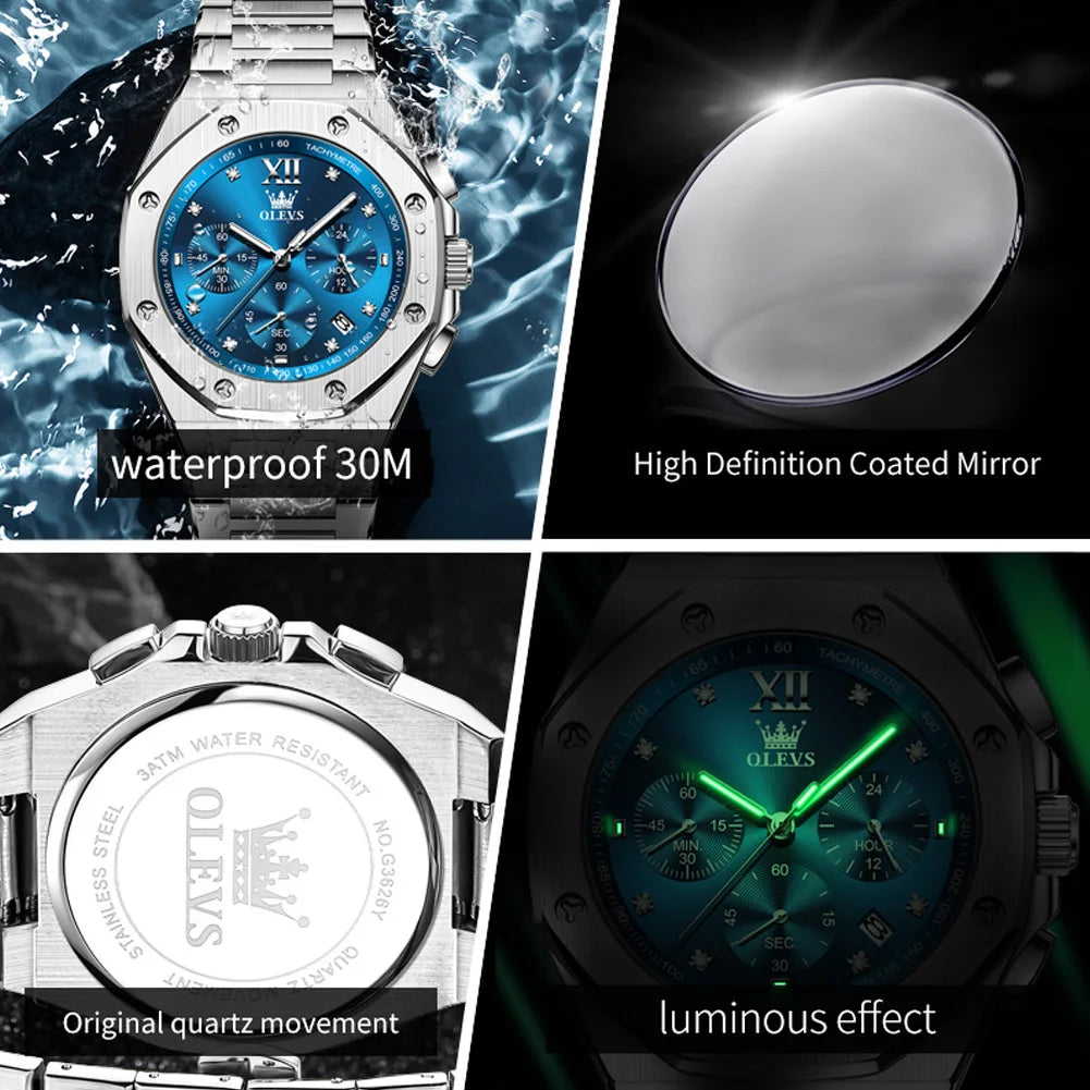 OLEVS 3626 Montre Homme Quartz Acier Chronographe Lumineuse – CLEVI Paris