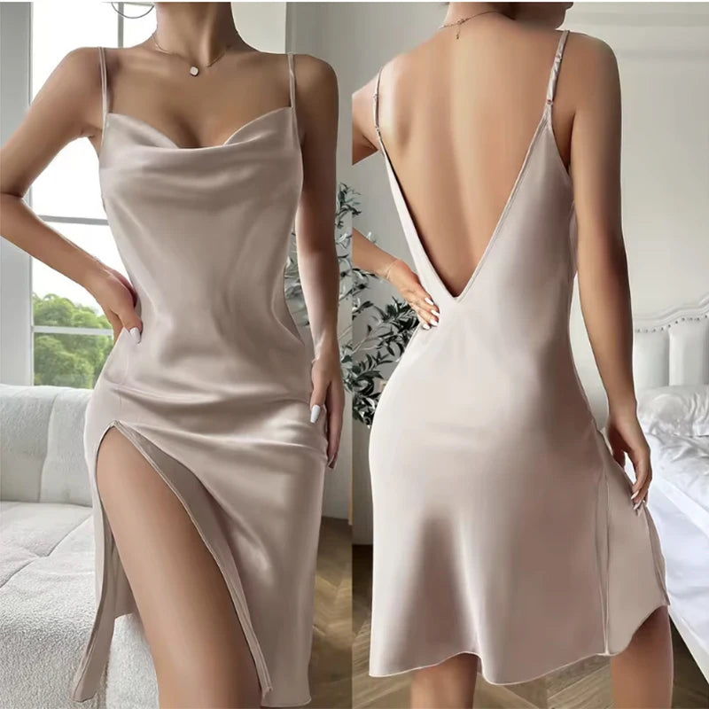 Nuisette Satin Soie Dos Nu Bretelles Femme Robe de Nuit Confortable Été Uni Col V S-XL – CLEVI Paris